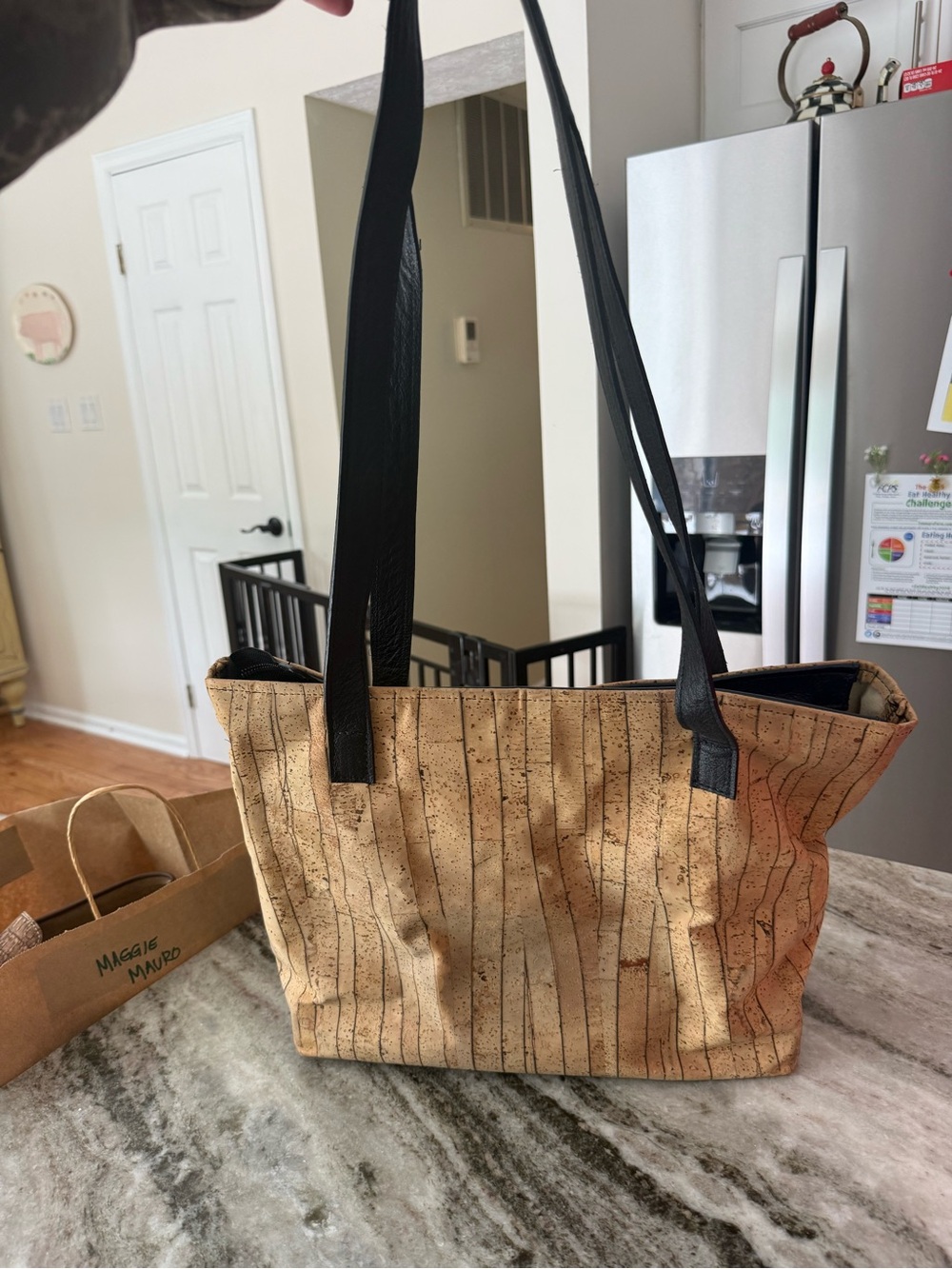 Cork-Effect Tan Tote with Black Shoulder Straps